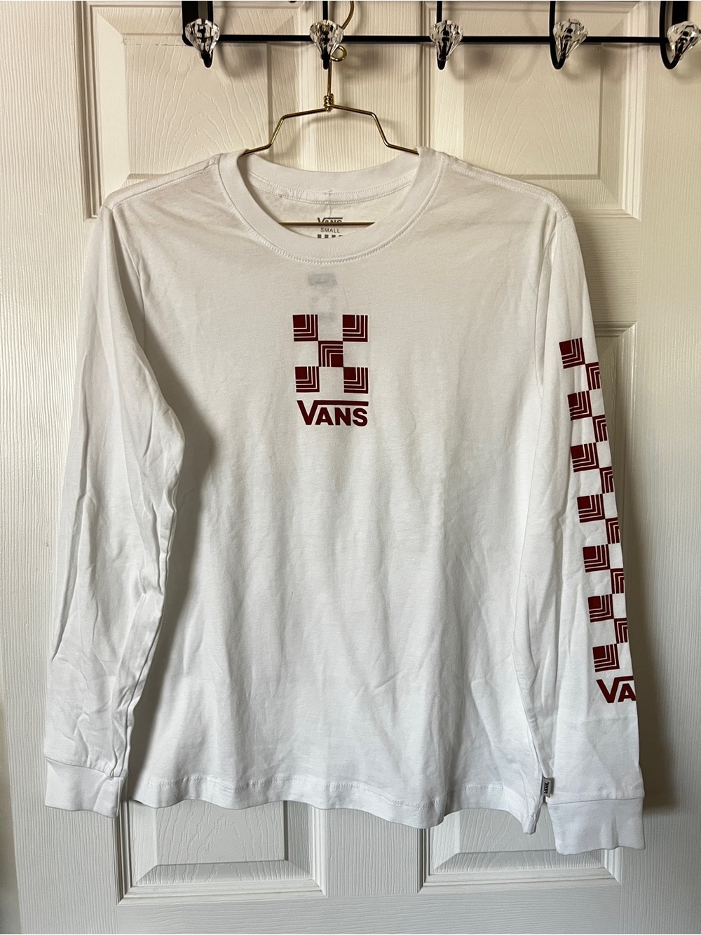 Vans Deco Check Long Sleeve White/Brown Cotton T-Shirt Size Small